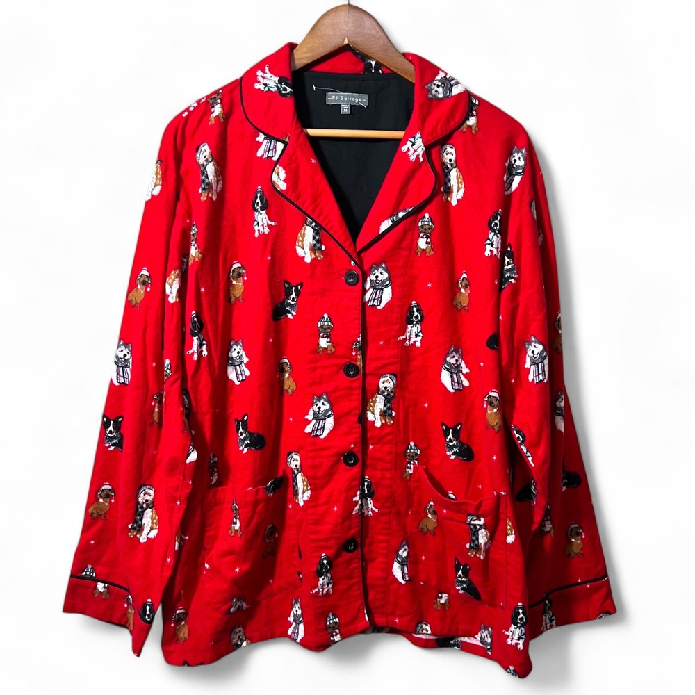 PJ‎ Salvage Red Dog Print Flannel Pajama Top M Cozy Holiday Button Shirt
